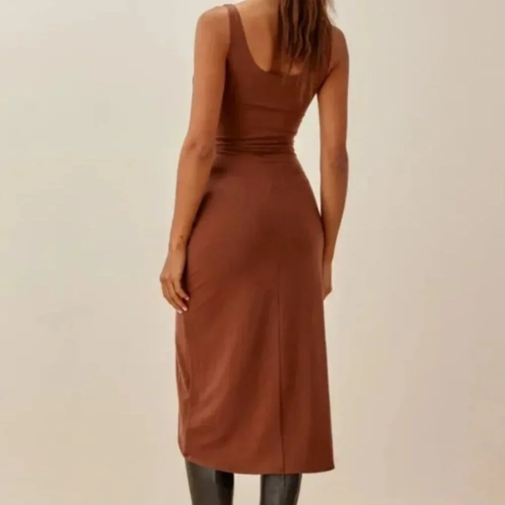 NWT Reformation Kaila Knit Dress Jersey Wrap Midi Stretch Chestnut Brown Size XL - Picture 4 of 7